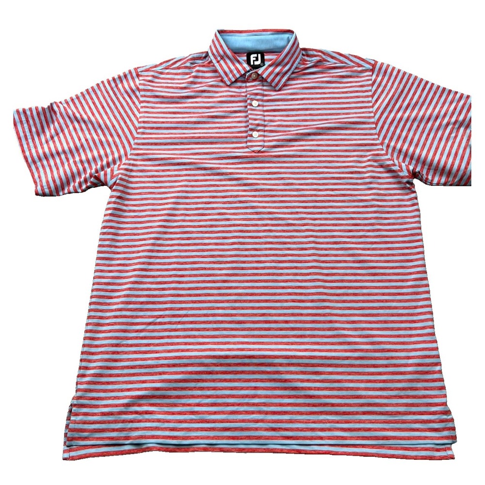Footjoy Polo Shirt Men Large Red Blue Striped Side Slit High Low Hem Golf Tennis